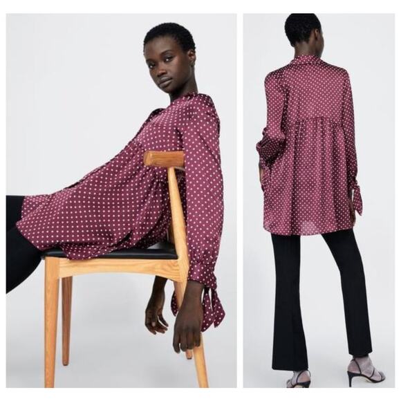 Zara Satin Polka Dot Button Up Tunic Top XS Burgundy Hi Low Tie Sleeve - Picture 2 of 11